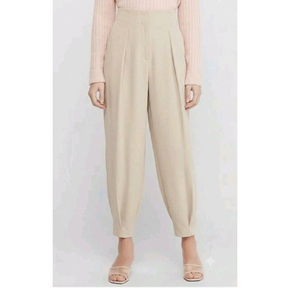 NWT Express Size 12 High Rise Barrel Leg Ankle Pant Beige Pleated Stretch 69$ - Picture 1 of 8